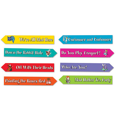 Alice In Wonderland Street Sign Cutouts with solid colored backgrounds and saying on each such as "Off With Their Heads" and "Do You Play Croquet".