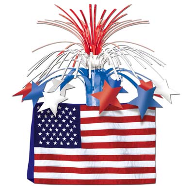 Card stock bottom printed with a replica of an American Flag with patriotic metallic material cascading at the top.