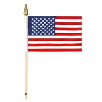 Fabric printed American flag attached to a wooden stick.