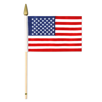 Fabric printed American flag attached to a wooden stick.