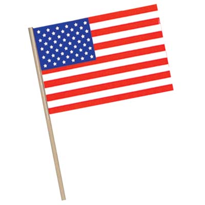 Party favor flag with plastic stick and American flag.