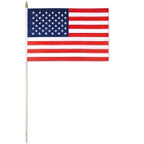 Fabric material American printed flag attached to a wooden stick.