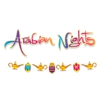 Arabian Nights Streamer Set that reads "Arabian Nights" on one streamer and lanterns and mandala on the other with bright colors.