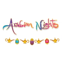 Arabian Nights Streamer Set that reads "Arabian Nights" on one streamer and lanterns and mandala on the other with bright colors.