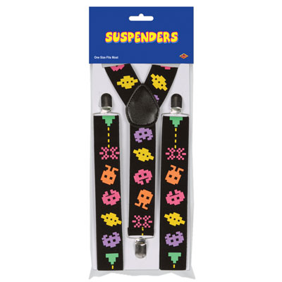 Arcade icon printed suspenders with adjustable straps.
