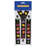 Arcade icon printed suspenders with adjustable straps.