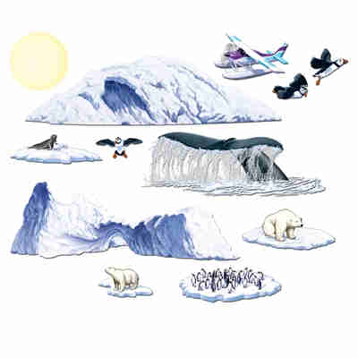 Arctic Cruise Props of seagulls, polar bears, penguins, ice glaciers and more on thin plastic material.