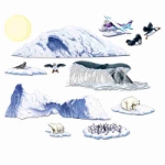 Arctic Cruise Props of seagulls, polar bears, penguins, ice glaciers and more on thin plastic material.