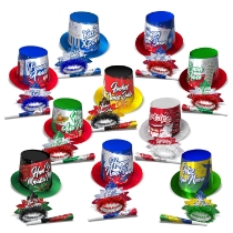 Around the World New Year Assortment for 50    Around the World New Year Assortment for 50, 2022, international, new year's eve, party kit, hat, tiara, horn, wholesale, inexpensive, bulk, party favor
