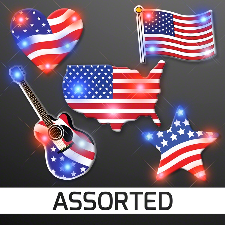 Assorted Red White & Blue Patriotic Pin Set (Pack of 50) patriotic light up pins, red white blue LED pins, Fourth of July party favors, patriotic flashing pins, LED USA pins, Memorial Day accessories, light up patriotic badges, Party Express patriotic pins, glowing USA pins, parade giveaway lights