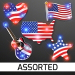 Assorted Red White & Blue Patriotic Pin Set (Pack of 50) patriotic light up pins, red white blue LED pins, Fourth of July party favors, patriotic flashing pins, LED USA pins, Memorial Day accessories, light up patriotic badges, Party Express patriotic pins, glowing USA pins, parade giveaway lights