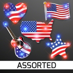 Assorted Red White & Blue Patriotic Pin Set (Pack of 50) patriotic light up pins, red white blue LED pins, Fourth of July party favors, patriotic flashing pins, LED USA pins, Memorial Day accessories, light up patriotic badges, Party Express patriotic pins, glowing USA pins, parade giveaway lights