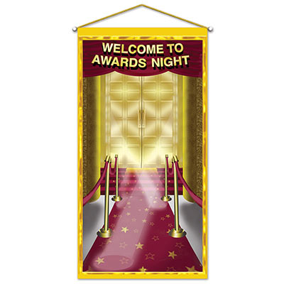 Metallic hanging panel thats printed to replicate the look of an awards night with a top rod for hanging.