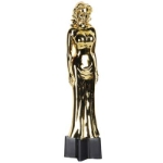 Plastic black star shaped base with a beautiful golden female top. 