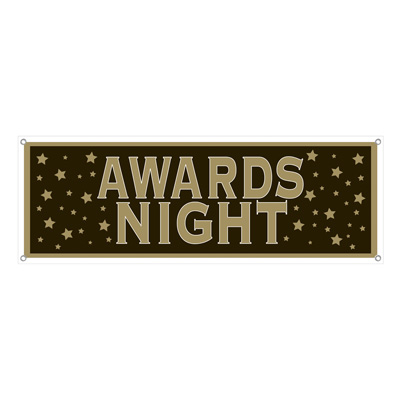 Awards night banner with a black background and printed gold stars.