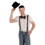 Black suspenders with adjustable straps and stars printed in silver and gold. 