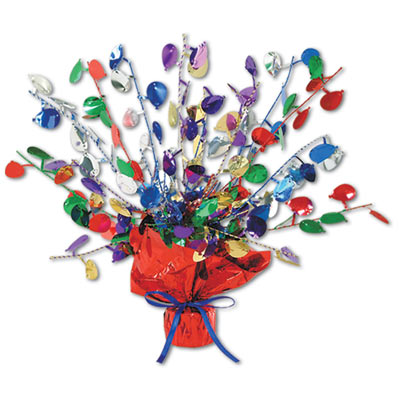 Metallic centerpiece with is bursting with multi-color balloons and red weighted bottom.