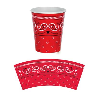Paper cups printed with a red bandana design.