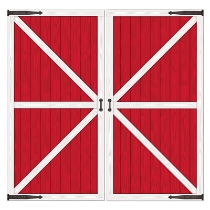 Red Barn Door Props printed on thin plastic material.