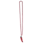 Red small round plastic beads with a chili attached as a medallion.
