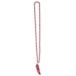 Red small round plastic beads with a chili attached as a medallion.