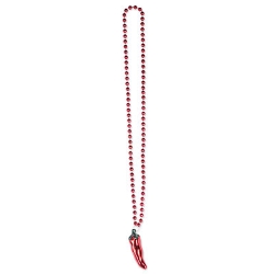 Red small round plastic beads with a chili attached as a medallion.