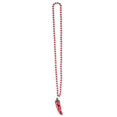 Red small round plastic beads with a chili attached as a medallion.