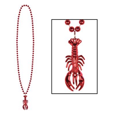 Plastic round beads with molded crawfish shaped medallion.