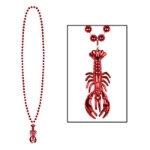 Plastic round beads with molded crawfish shaped medallion.
