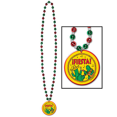 The Beads with Fiesta! Medallion has red and green round beads with a fiesta medallion attached.