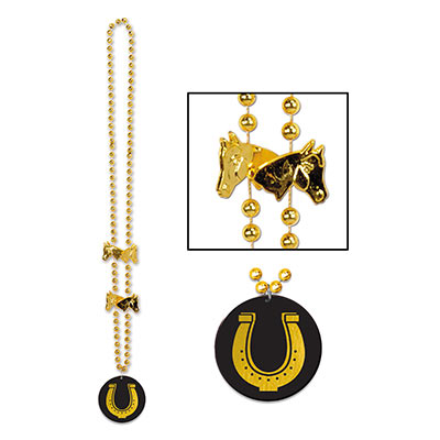 Small round gold beads with a horseshoe medallion attached and golden horse head beads.