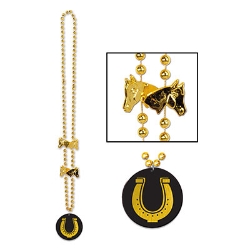 Small round gold beads with a horseshoe medallion attached and golden horse head beads.