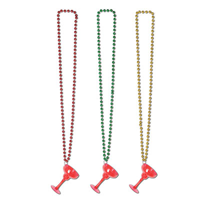 Assorted colored beads in red, green and gold with red plastic margarita medallions attached.
