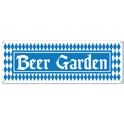 Beer garden banner that has an Oktoberfest print of blue and white diamonds.
