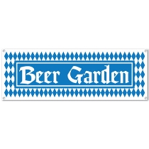 Beer garden banner that has an Oktoberfest print of blue and white diamonds.