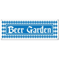 Beer garden banner that has an Oktoberfest print of blue and white diamonds.