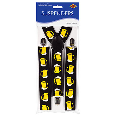 Beer mug printed suspenders with adjustable straps.