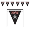 Black pennant banner with printed skull, swords and "Beware".