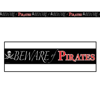 Black Beware Of Pirates Party Tape with White and Red Lettering