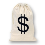 Material drawstring bag with a black printed dollar sign.