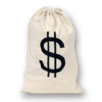 Material drawstring bag with a black printed dollar sign.