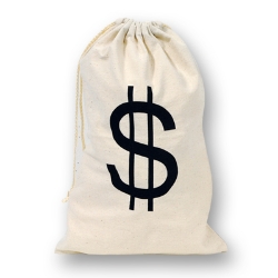Material drawstring bag with a black printed dollar sign.