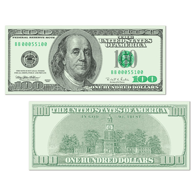 Big Bucks Cutout $100 Bill that replicates the traditional 100 dollar bill.