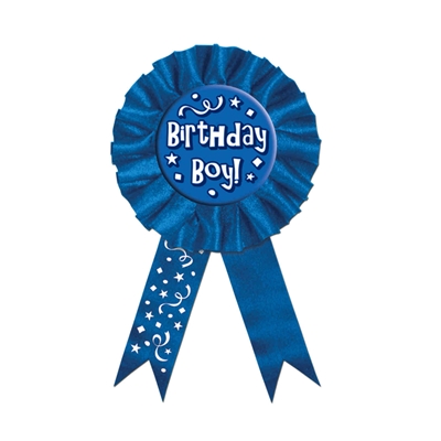 Blue Birthday Boy! Award Rosette Ribbon with white lettering, stars and streamers 