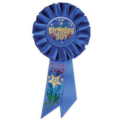 Birthday Boy Blue Rosette with bold gold metallic lettering and multi color shooting star