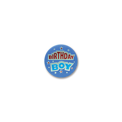 Birthday Boy Satin Blue Button with bold red and blue lettering and star designs 