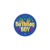 Birthday Boy Satin Blue Button with gold lettering and colorful shooting star designs 