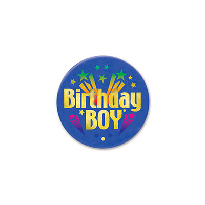 Birthday Boy Satin Blue Button with gold lettering and colorful shooting star designs 