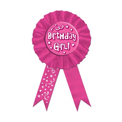 Pink Birthday Girl! Award Rosette Ribbon with white lettering, star, and streamers 