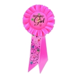 Birthday Girl Bright Pink Rosette with black lettering and multi colored flower designs 